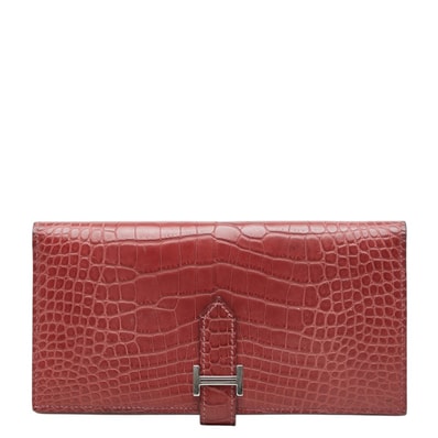エルメス ベアンスフレ 長財布 レッド系 シルバー金具 アリゲーターマット レディース HERMES 中古
