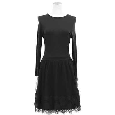 SALE【美品】RED VALENTINO レッドヴァレンティノ ワンピース サイズ M レディース ドットチュール × フローラル 花柄 レース ドッキング バックファスナー ロングスリーブ 長袖 ドレス ブラック 黒 ポルトガル製
