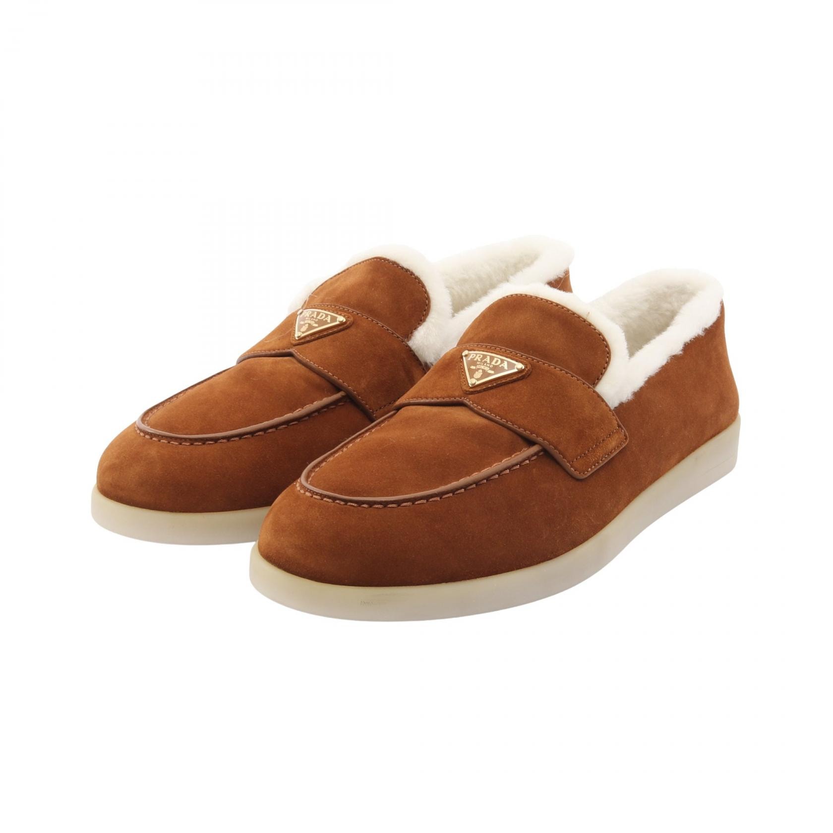 プラダ PRADA トライアングルロゴ ローファー 靴 スウェード シアリング メンズ ブラウン系 2DG124 【中古】