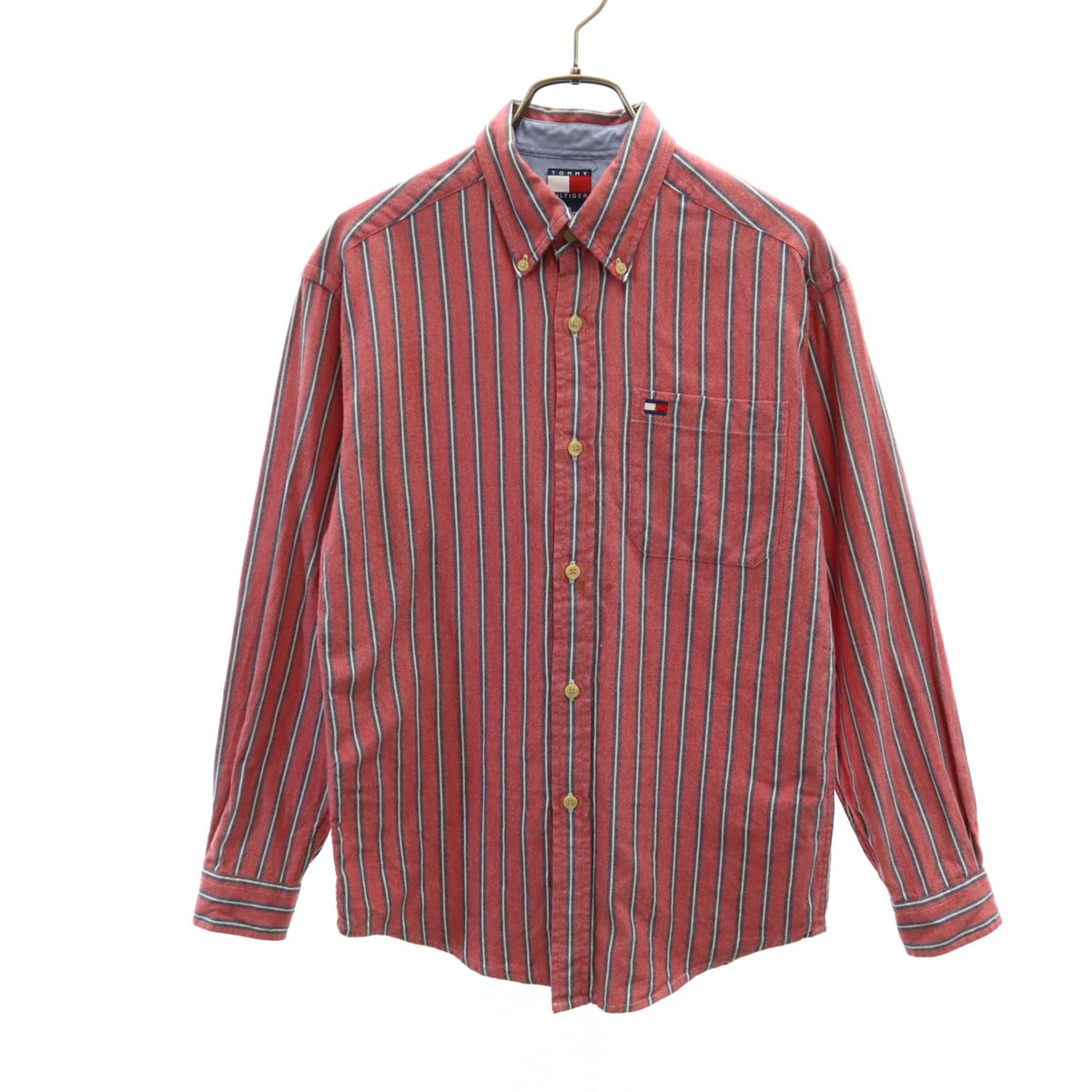 TOMMY HILFIGER トミーヒルフィガー ストライプ柄 長袖 オックスフォード ボタンダウンシャツ M レッド