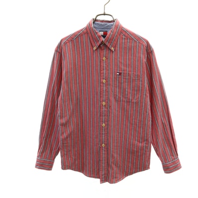 TOMMY HILFIGER トミーヒルフィガー ストライプ柄 長袖 オックスフォード ボタンダウンシャツ M レッド