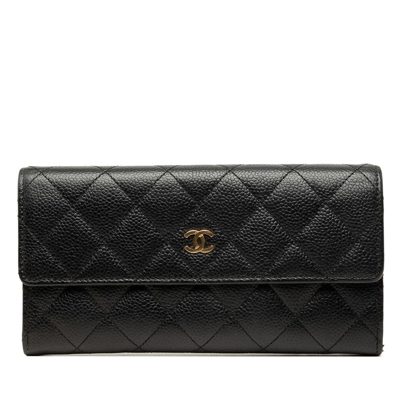 シャネル ココマーク マトラッセ 長財布 ブラック ゴールド キャビアスキン レディース CHANEL 中古