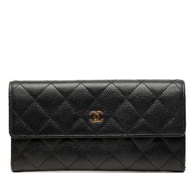 シャネル ココマーク マトラッセ 長財布 ブラック ゴールド キャビアスキン レディース CHANEL 中古