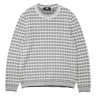 FENDI フェンディ ニットセーター サイズ 50 メンズ ロゴ FF ズッカ ジャガード プルオーバー ロングスリーブ 長袖 トップス ホワイト ブラック 白 黒 総柄 イタリア製