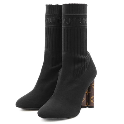 【美品】LOUIS VUITTON ルイ・ヴィトン アンクルブーツ ニット シルエット・ライン LV ロゴ エンブロイダリー 刺繍 モノグラム フラワーヒール シューズ 靴 レディース サイズ 38 ブラック 黒 イタリア製