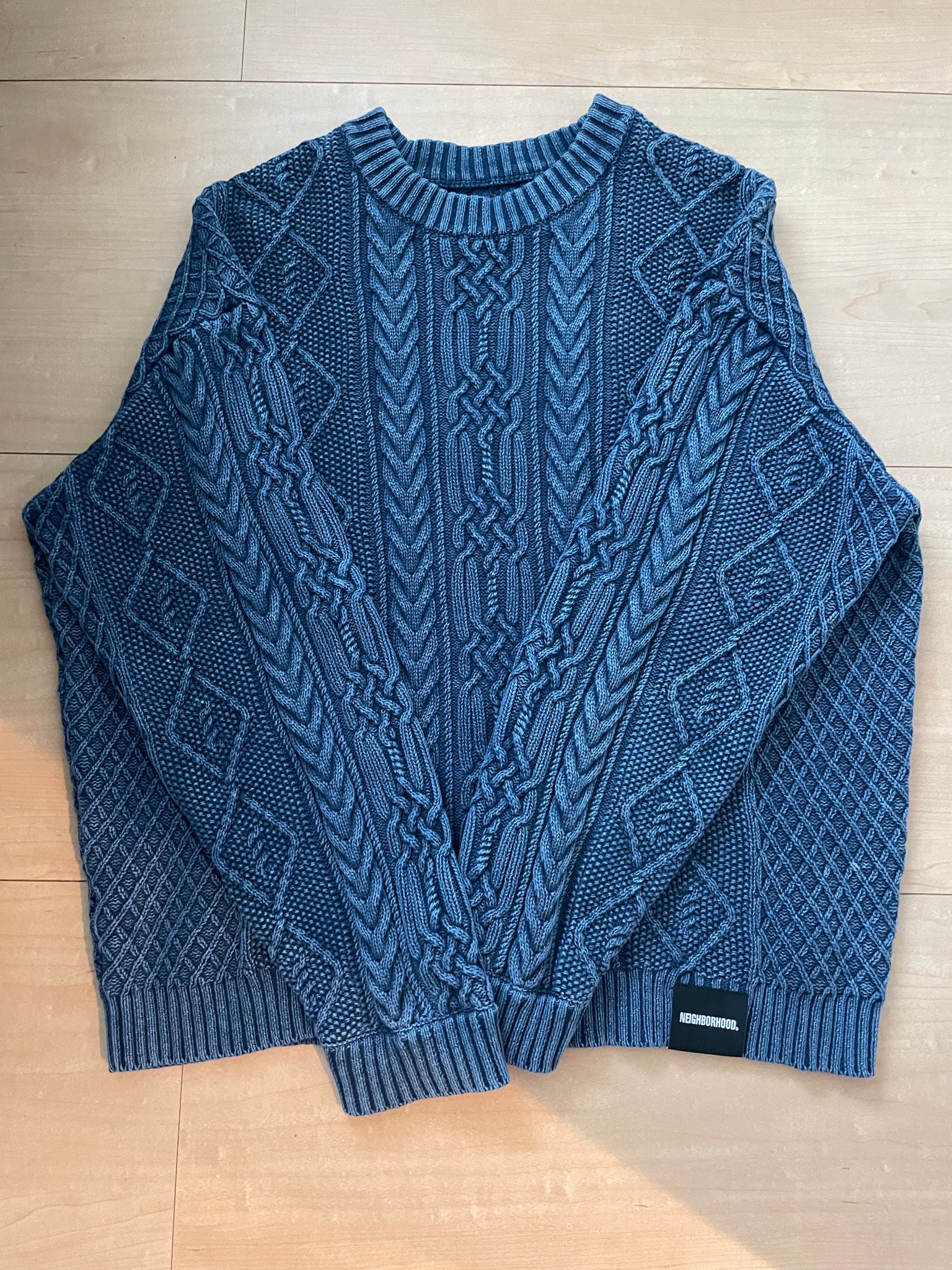 NEIGHBORHOOD Washed Crewneck Cable Sweater "Navy"
