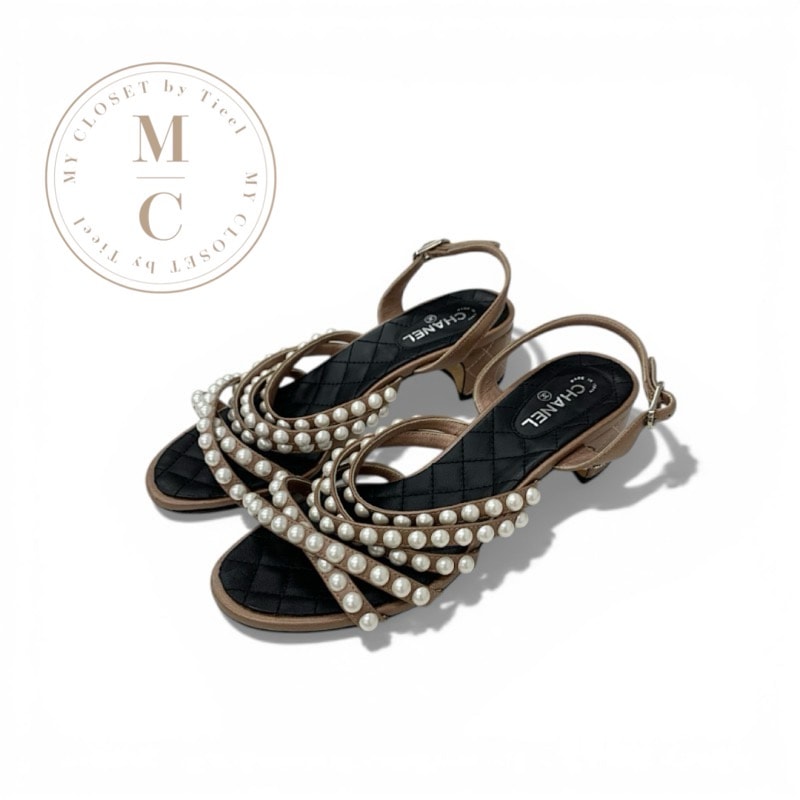 シャネル CHANEL サンダル 靴 シューズ レザー ブラウン ココマーク パール マトラッセ ストラップ