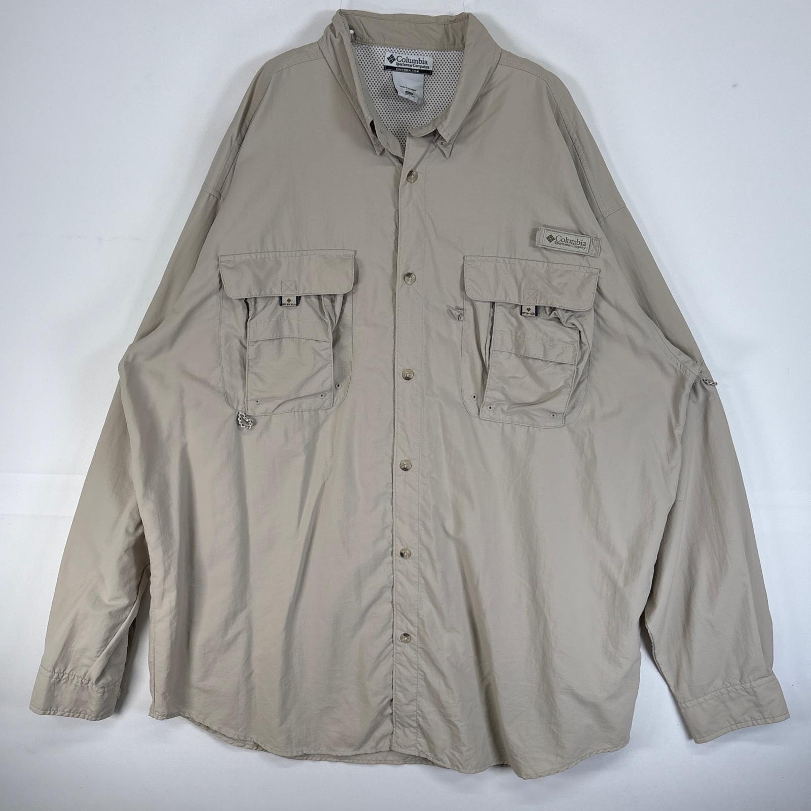 古着 コロンビア Columbia 長袖シャツ PFG フィッシングギア 大きいサイズ ワンポイント ロゴ XL  ベージュ 無地 メンズ
