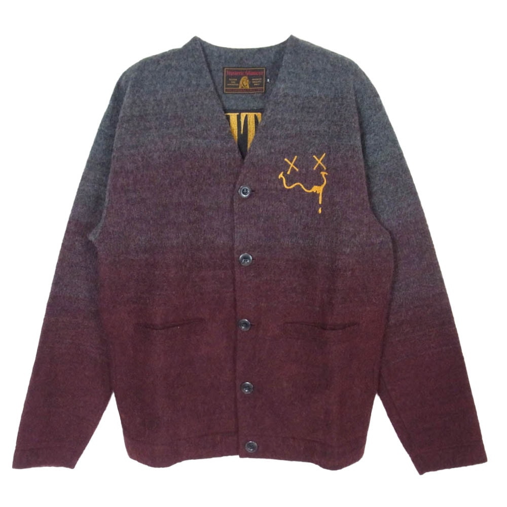 HYSTERIC GLAMOUR ヒステリックグラマー 17AW 02173CD01 HYS FACE刺繍 グラデーション ニット カーディガン チャコール系 ワインレッド系 S【中古】