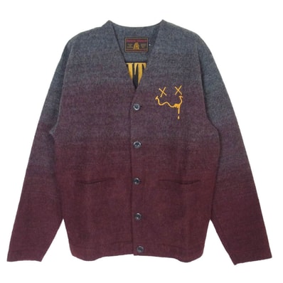 HYSTERIC GLAMOUR ヒステリックグラマー 17AW 02173CD01 HYS FACE刺繍 グラデーション ニット カーディガン チャコール系 ワインレッド系 S【中古】