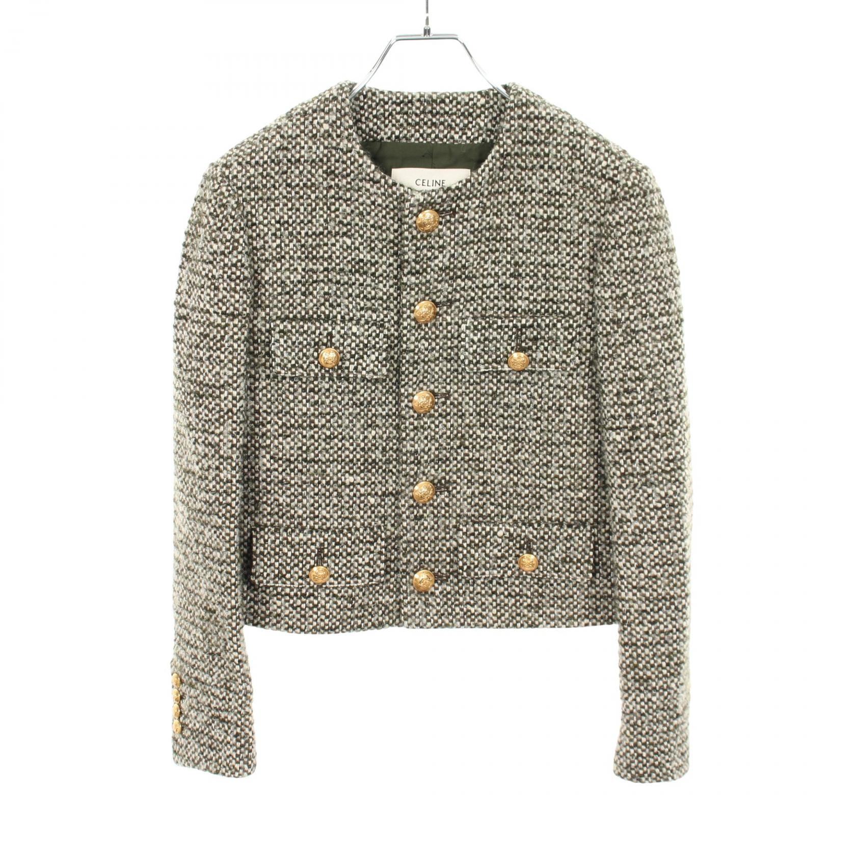 セリーヌ CELINE ツイード ノーカラージャケット 衣料品 アウター ウール モヘヤ レディース カーキ系 【中古】