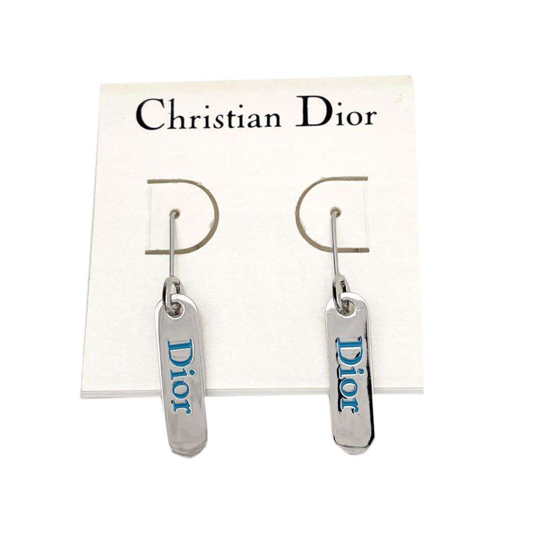 クリスチャンディオール ピアス ロゴ プレート シルバー ブルー