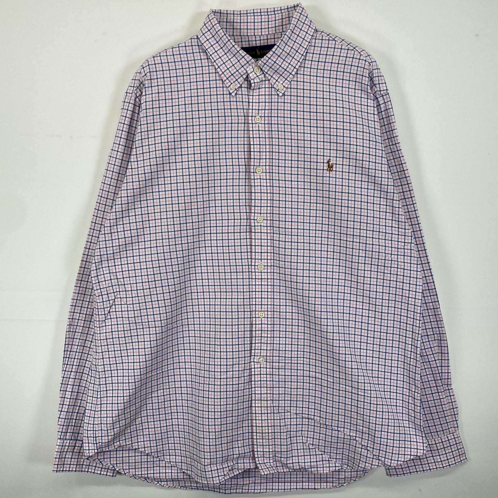 古着 ラルフローレン RALPH LAUREN 長袖シャツ ボタンダウン 刺繍ロゴ ワンポイントロゴ XL  ピンク系 チェック メンズ