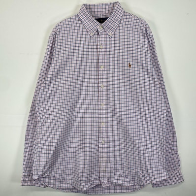古着 ラルフローレン RALPH LAUREN 長袖シャツ ボタンダウン 刺繍ロゴ ワンポイントロゴ XL ピンク系 チェック メンズ