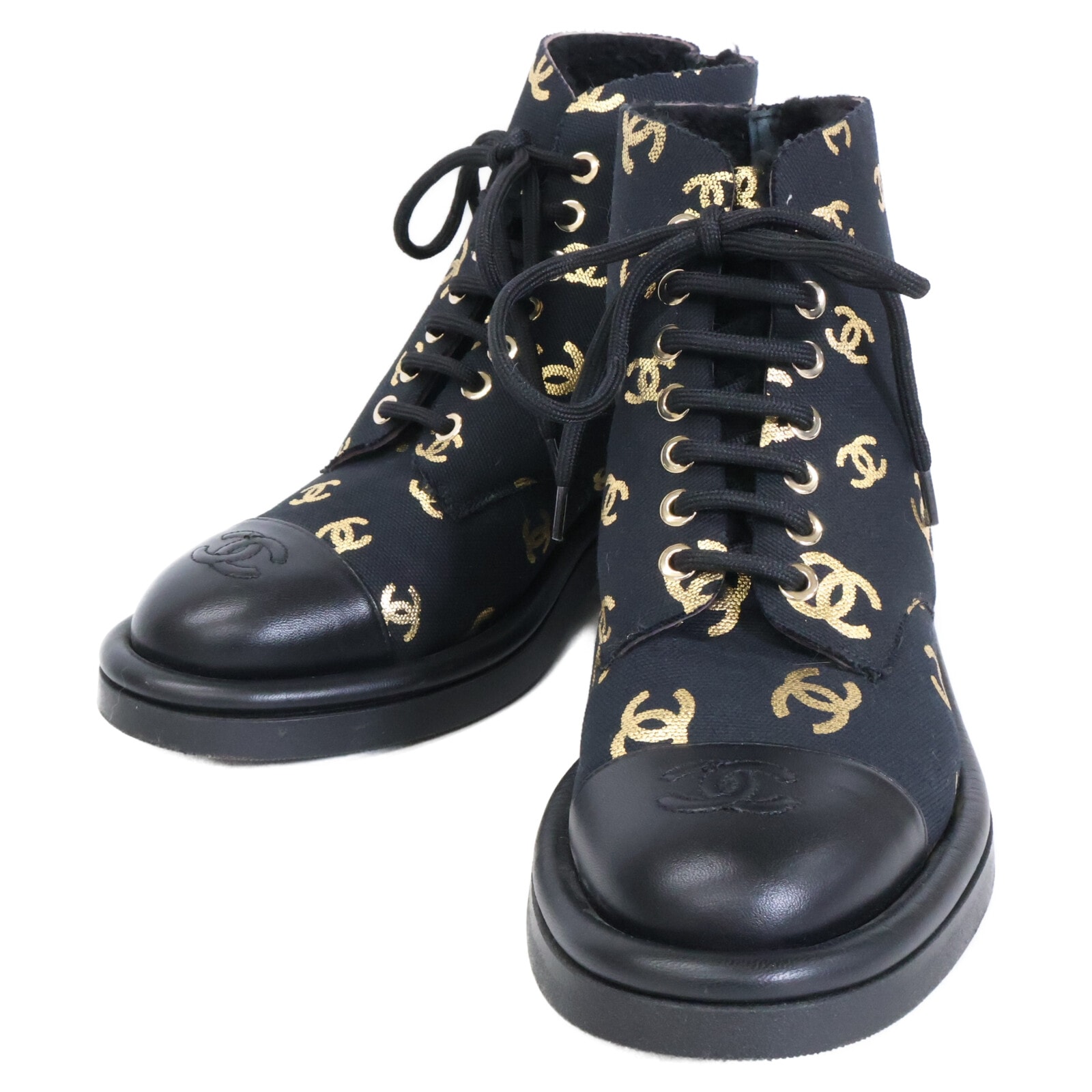シャネル 【美品】G39093 ココマークプリントキャンバス 裏ボア ショートブーツ 36C