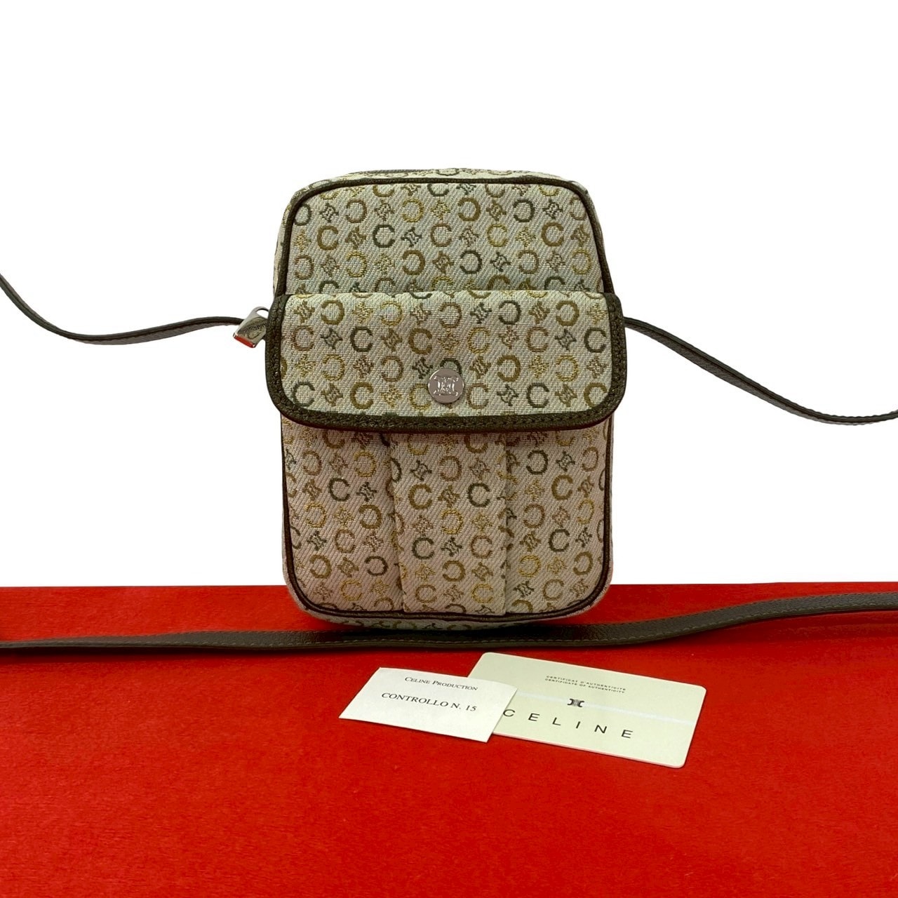 CELINE セリーヌ Cマカダム ロゴ キャンバス レザー ショルダーバッグ カーキ
 38319