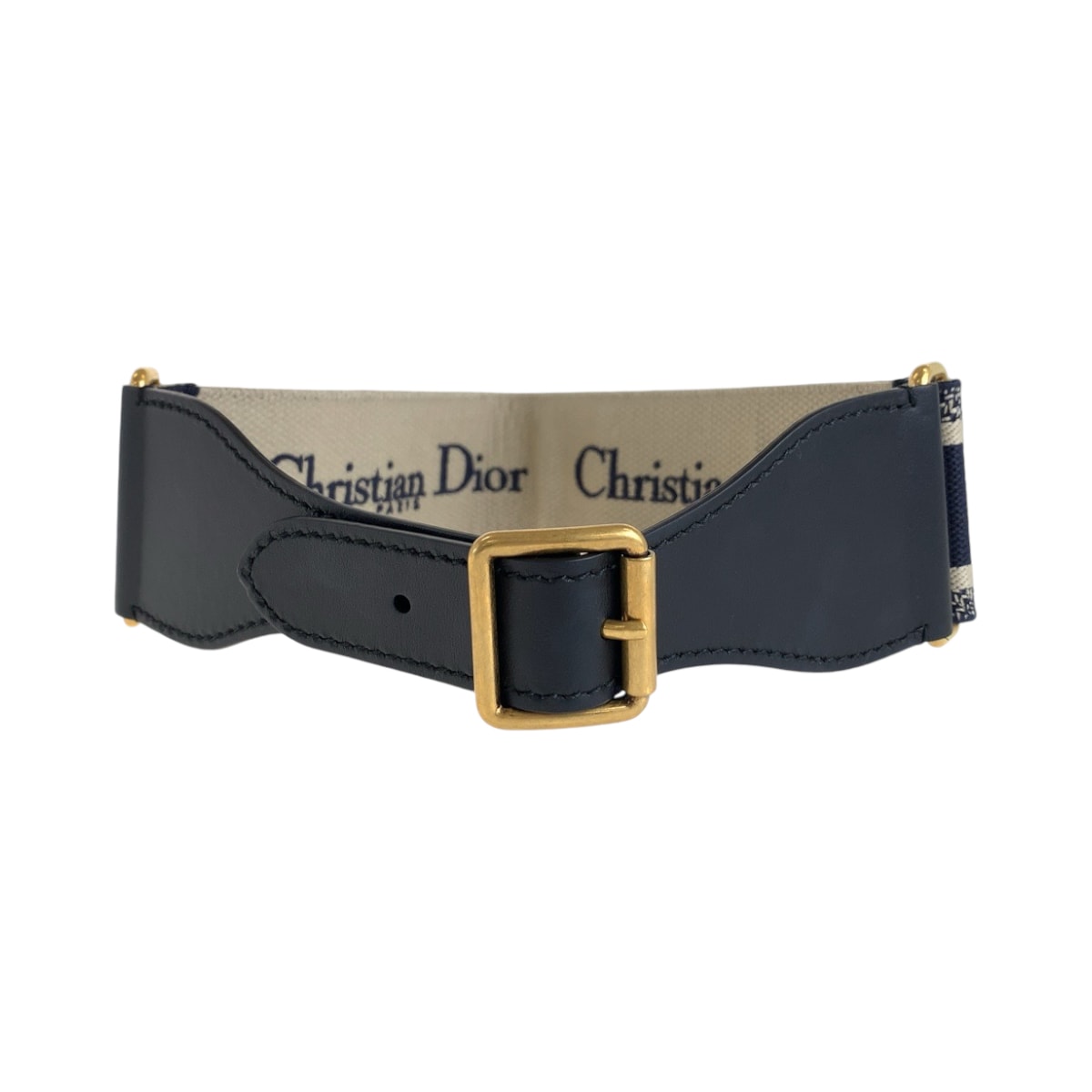 美品 Dior ディオール エンブロイダリー 70 ブラック 黒 ネイビー ゴールド金具 レザー ベルト 600955 【中古】