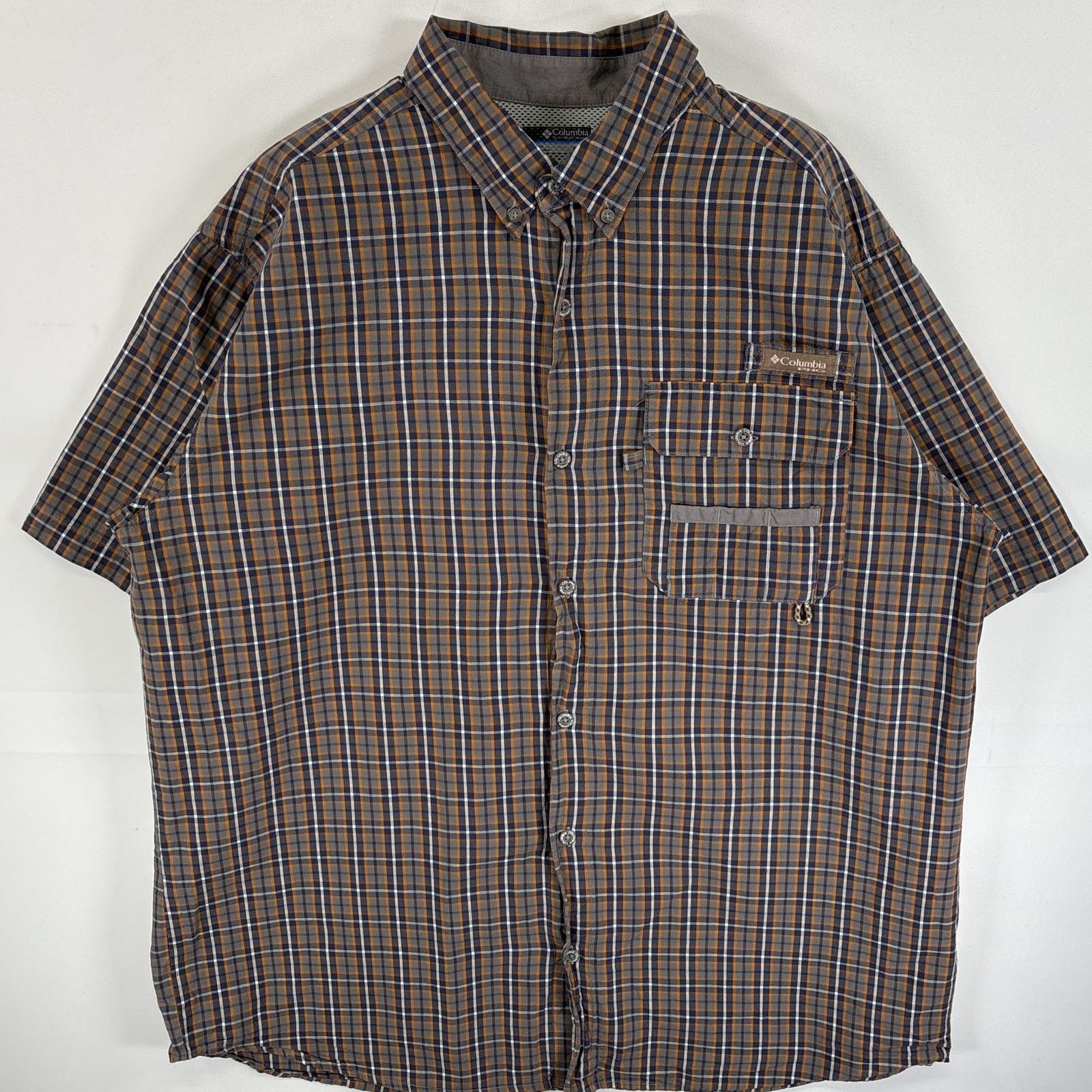 古着 コロンビア Columbia 半袖シャツ PHG ボタンダウンシャツ フラップポケ XL グレー系 チェック メンズ