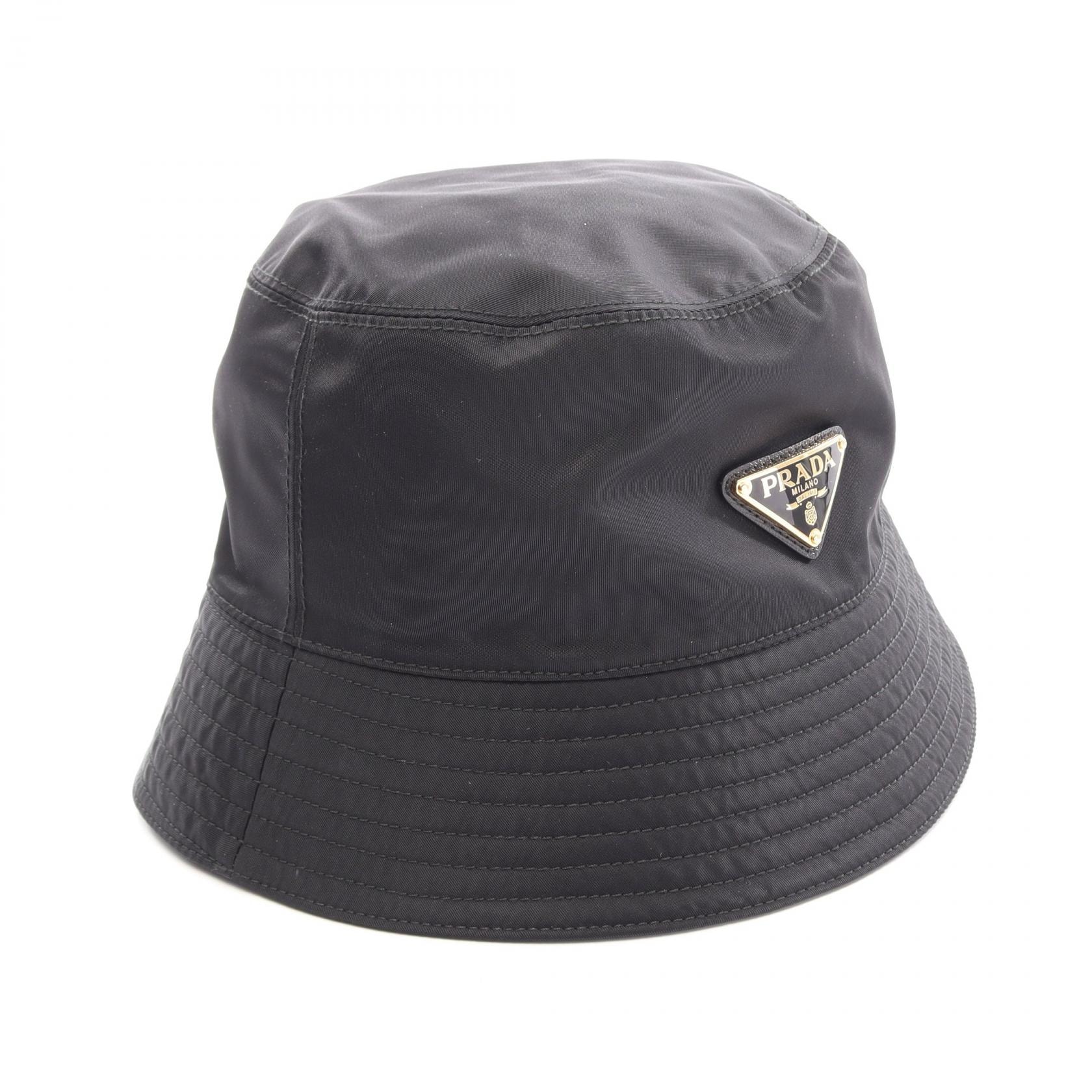 プラダ PRADA Re-Nylon 三角プレート バケット ハット 帽子 ナイロン レディース ブラック系 【中古】