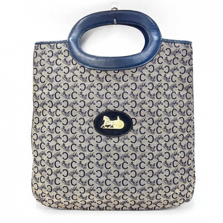 CELINE(セリーヌ) 馬車金具 ヴィンテージ トートバッグ ハンドバッグ Cマカダム 総柄 ネイビー キャンバス レザー ゴールド金具【中古】