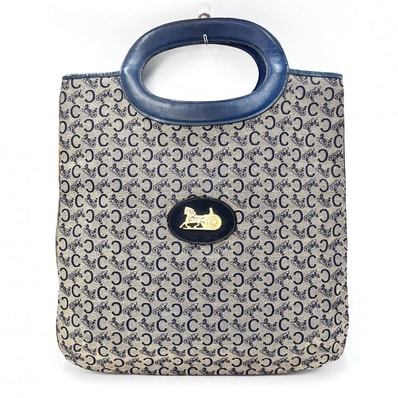 CELINE(セリーヌ) 馬車金具 ヴィンテージ トートバッグ ハンドバッグ Cマカダム 総柄 ネイビー キャンバス レザー ゴールド金具【中古】
