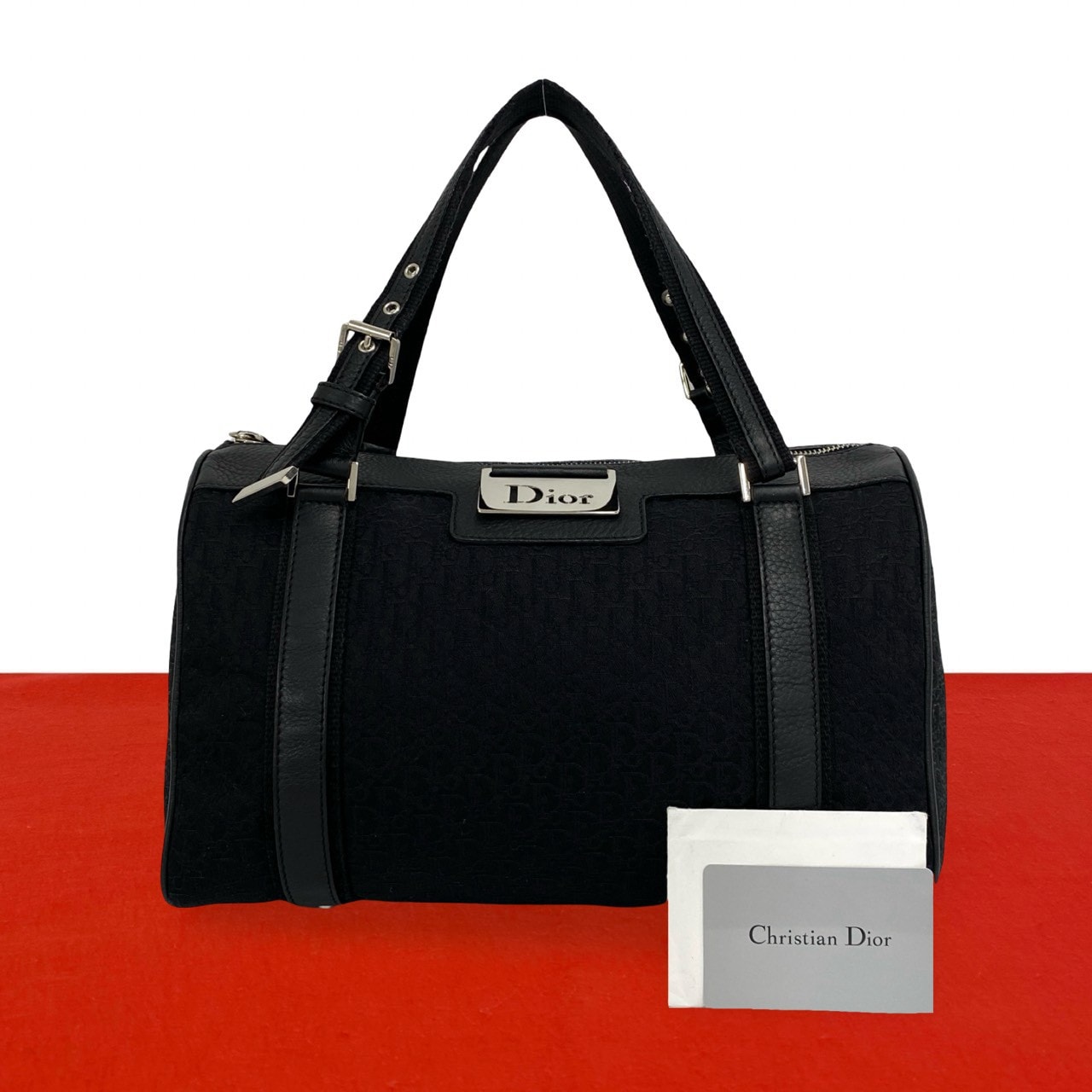 Christian Dior ディオール ストリートシック トロッター柄 ロゴ 金具 キャンバス レザー ハンドバッグ ブラック
 23373