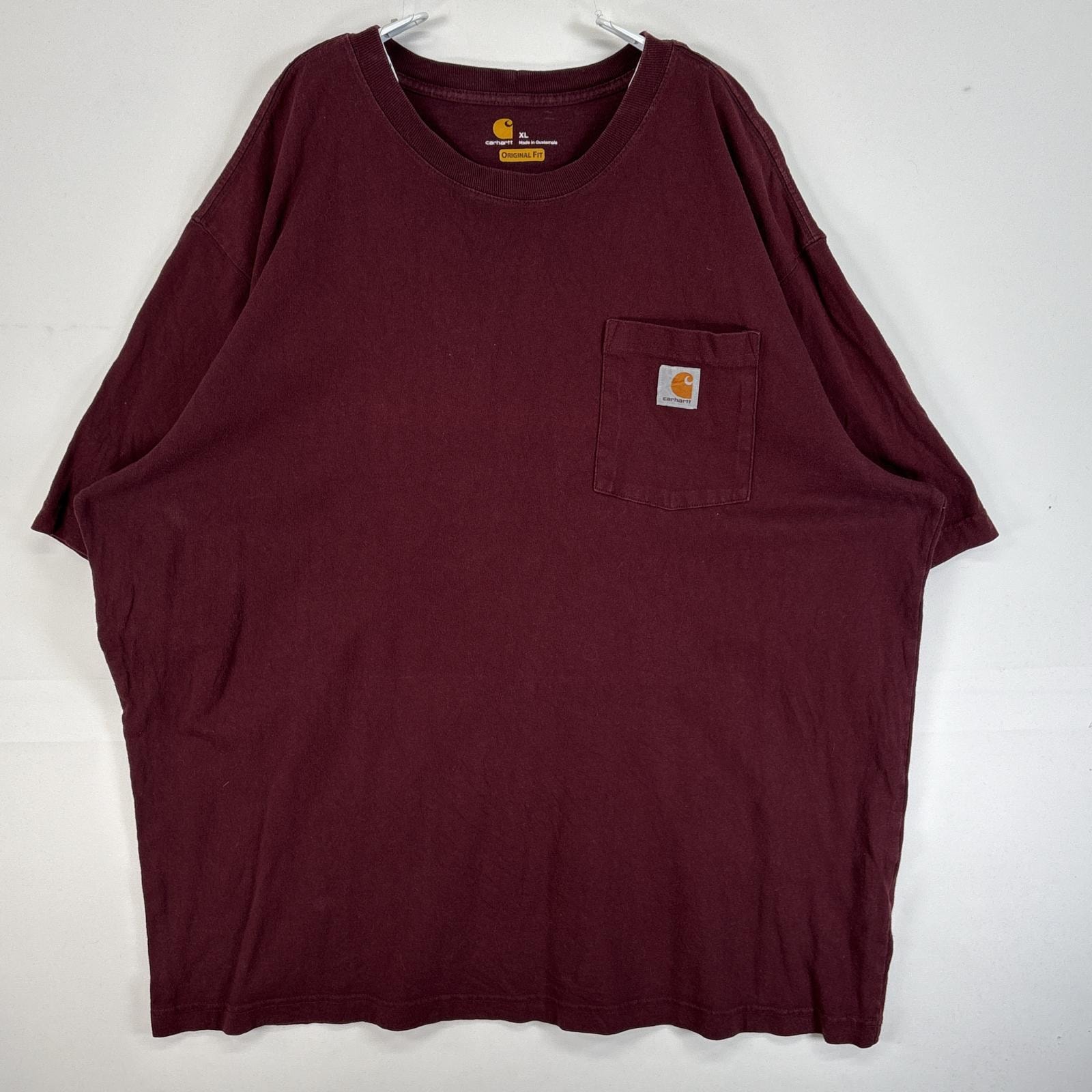 古着 カーハート Carhartt 半袖Tシャツ ワンポイント ロゴ 大きいサイズ 肉厚 胸ポケ XL  ワインレッド 無地 メンズ