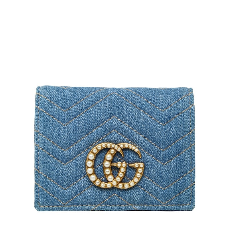 グッチ GGマーモント 二つ折り財布 コンパクトウォレット 466492 ブルー デニム フェイクパール レディース GUCCI 【中古】