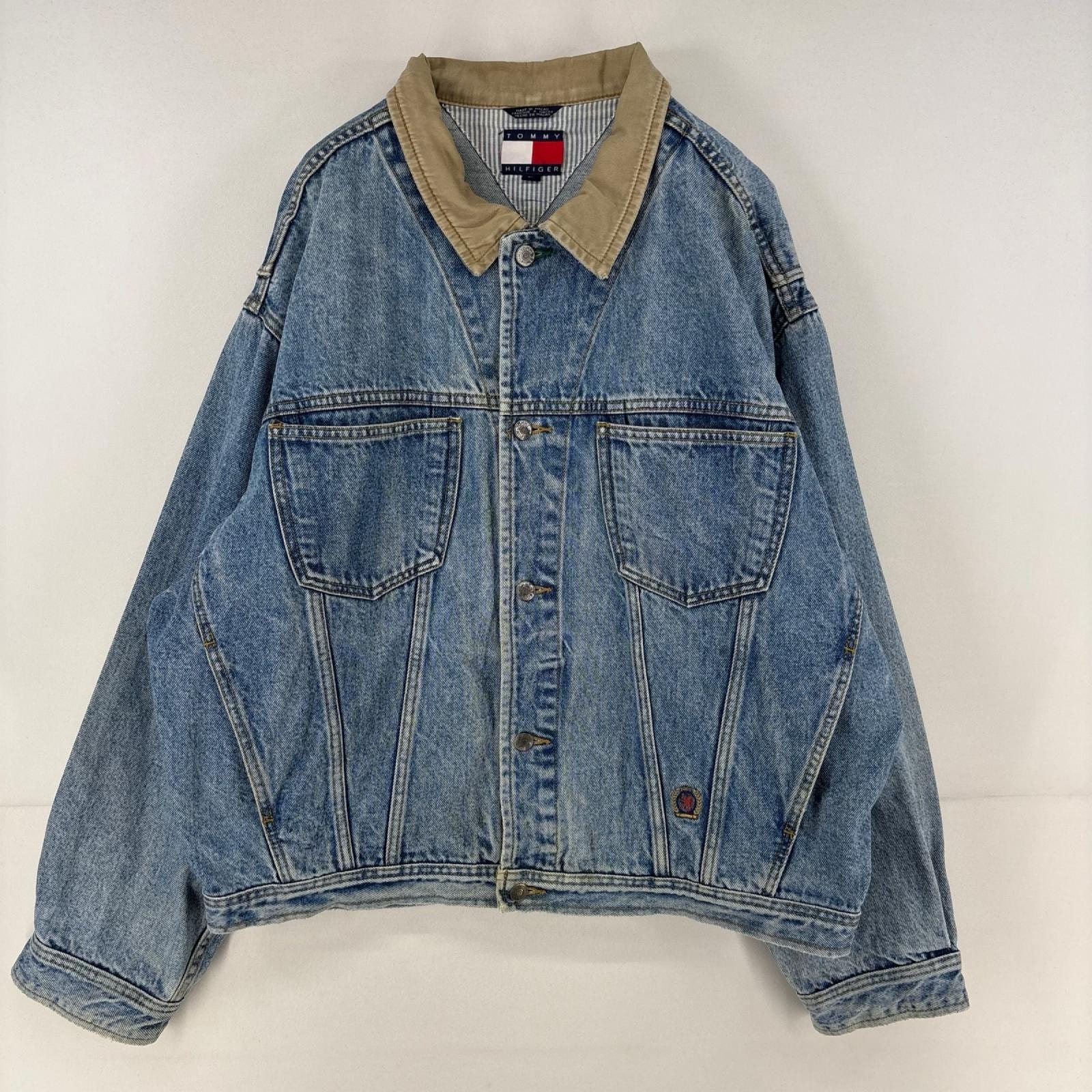 古着 90's/90年代 トミーヒルフィガー TOMMY HILFIGER デニム ジャケット ワンポイント 刺繍 トラッカージャケット 2XL ブルー メンズ