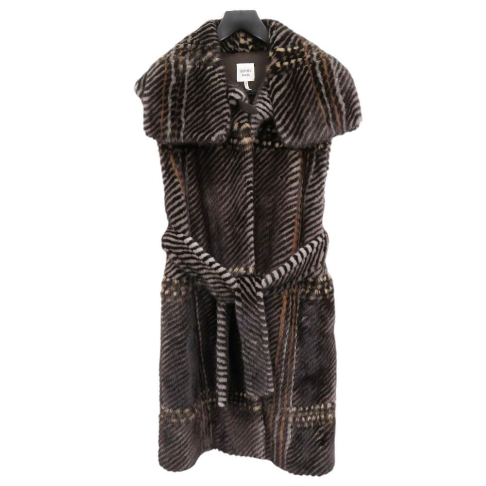 エルメス ベルト付き ロングジレ ミンク ブラウン系