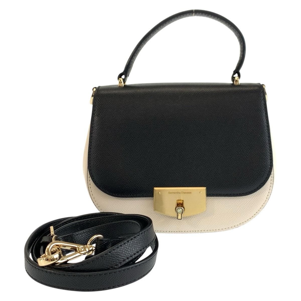 美品 Samantha Thavasa サマンサタバサ ロレッタ ブラック ホワイト ゴールド金具 レザー ハンドバッグ ショルダーバッグ 2way 603679 【中古】