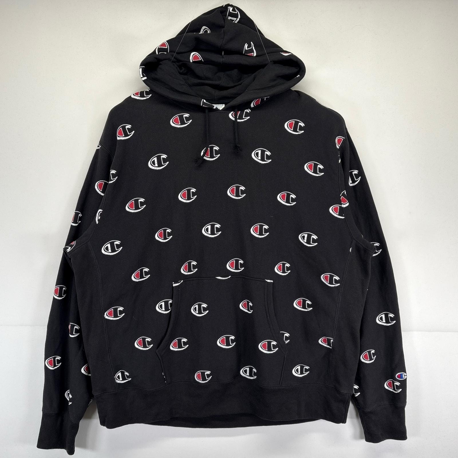 古着 チャンピオン Champion パーカー 大きいサイズ リバースウィーブ 総柄 フード 3XL  ブラック メンズ