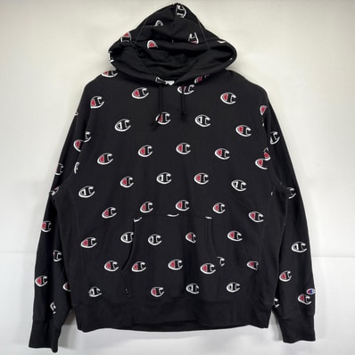 古着 チャンピオン Champion パーカー 大きいサイズ リバースウィーブ 総柄 フード 3XL ブラック メンズ