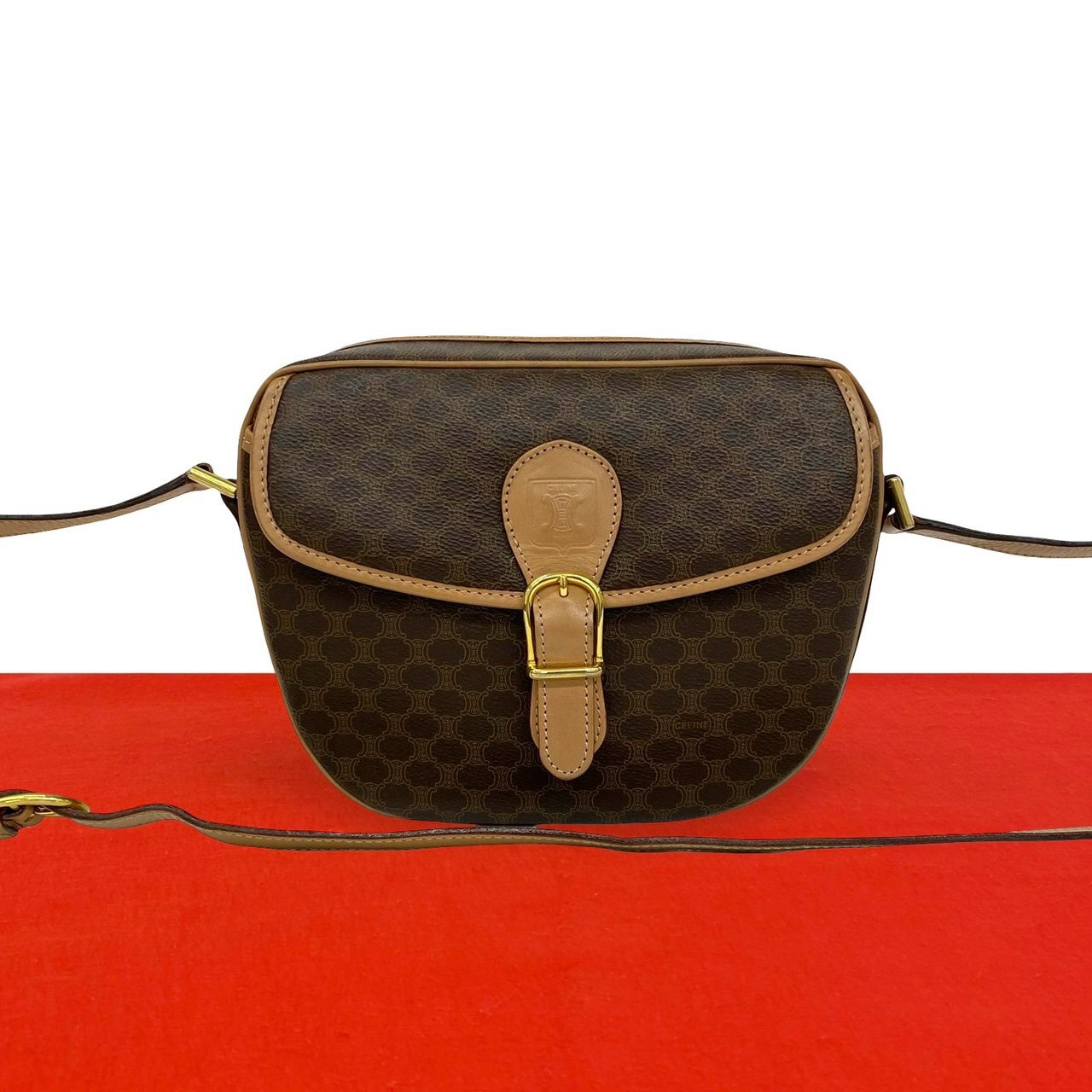 CELINE セリーヌ マカダム ブラゾン 柄 トリオンフ レザー PVC ショルダーバッグ ブラウン
 34774