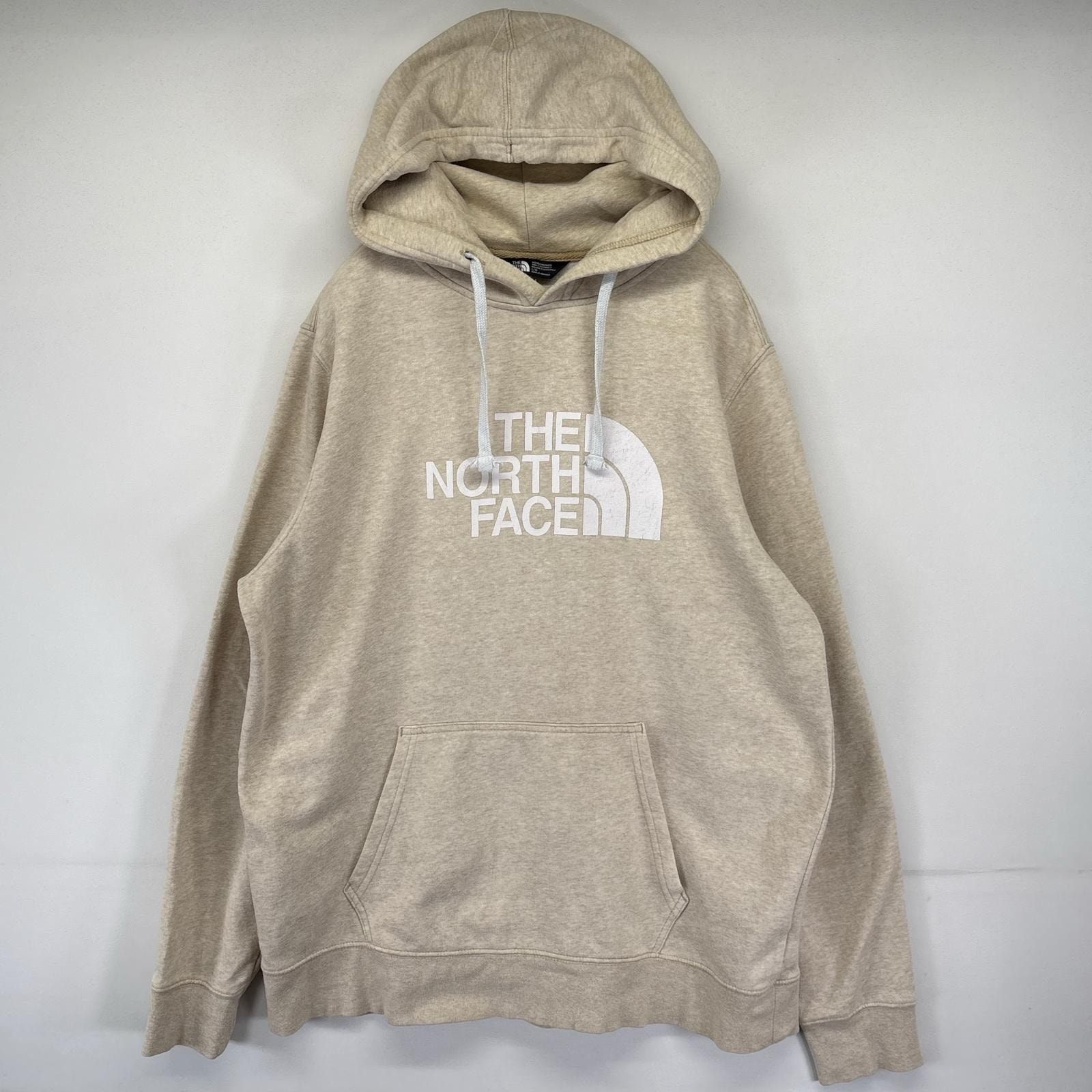 古着 ザ・ノースフェイス THE NORTH FACE パーカー スウェット プルオーバー ビッグロゴプリント フーディ L  ベージュ系 メンズ