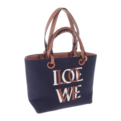 ロエベ LOEWE ロゴ トートスモール 2WAYバッグ ウール レザー ネイビー ブラウン レディース【中古】【Aランク】