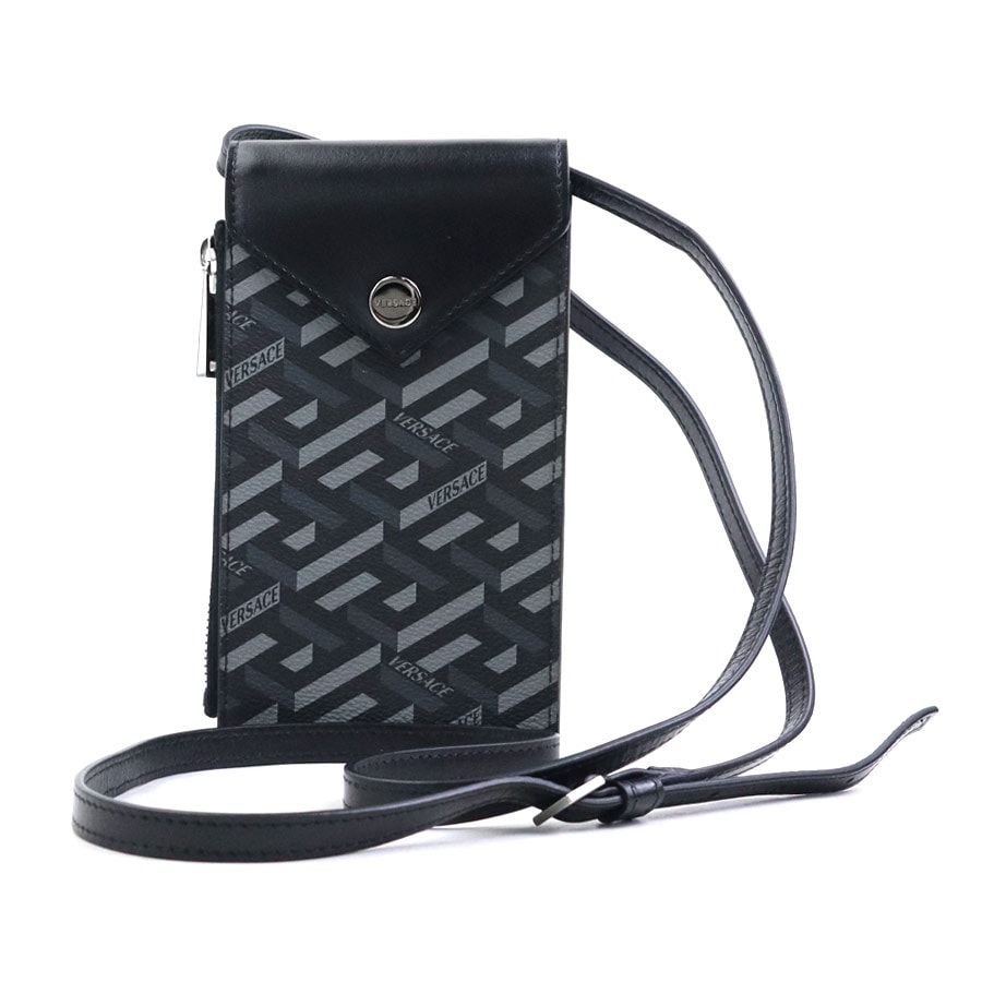 ヴェルサーチ VERSACE スマートフォンケース スマホポーチ フォンポーチ PVCコーティングキャンバス ブラック メンズ【中古】 h31581a