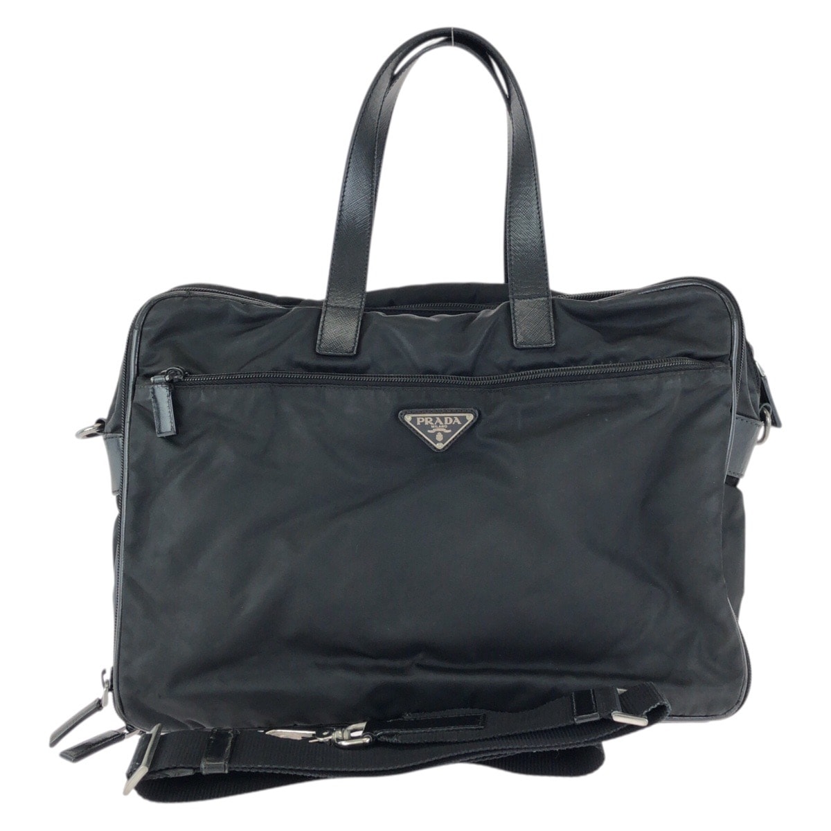 PRADA プラダ テスート サフィアーノ 三角ロゴプレート ブラック 黒 シルバー金具 ナイロン レザー/ ビジネスバッグ ブリーフケース ショルダーバッグ 601288 【中古】