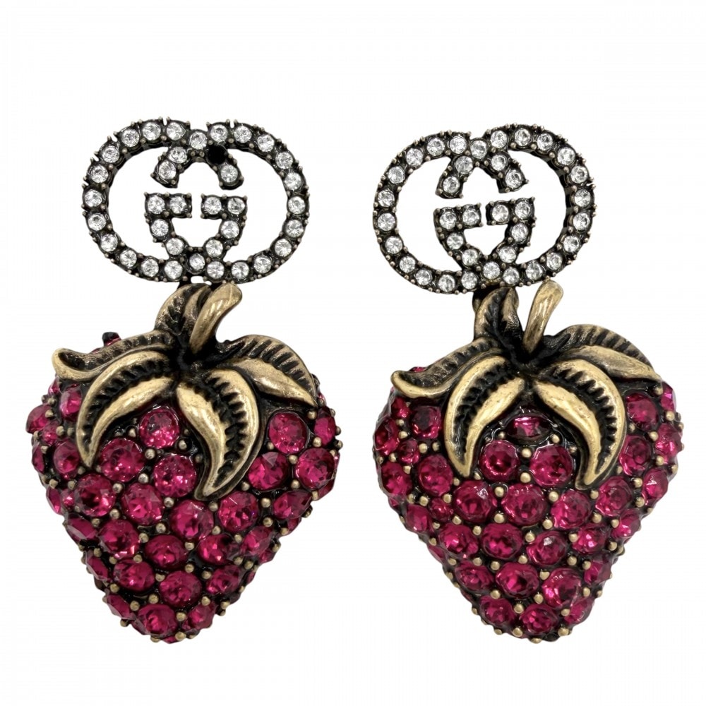 GUCCI グッチ ピアス ストロベリーモチーフ インターロッキングG アクセサリー 苺 ラインストーン ピンク ゴールド レディース 約13.3g【中古品】