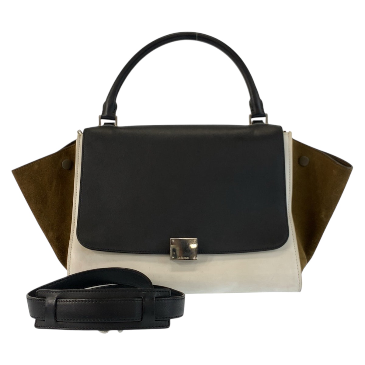 CELINE セリーヌ トラペーズ ブラック ホワイト カーキ レザー スウェード/ ハンドバッグ ショルダーバッグ 2way 601228 【中古】