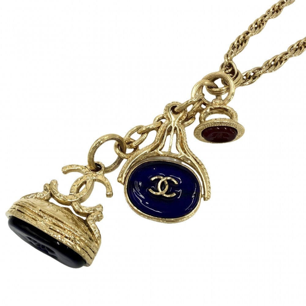 CHANEL シャネル ネックレス グリポア ココマーク ロングネックレス アクセサリー 希少 GP  カラーストーン   93A ゴールド ブルー 青 レディース 約129.3g 1993年【中古品】