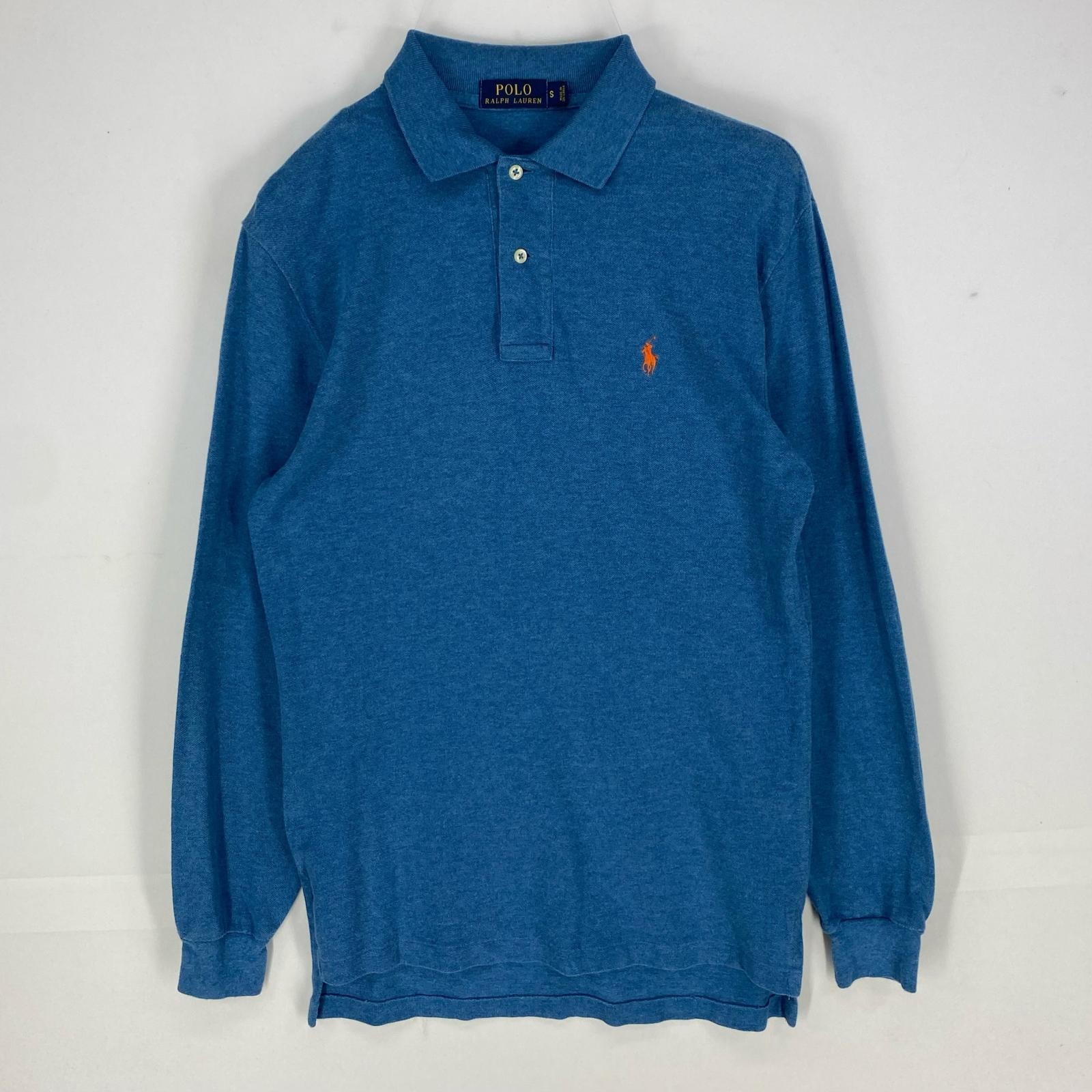 古着 ポロ・ラルフローレン POLO RALPH LAUREN 鹿の子 長袖シャツ ワンポイント ポロシャツ ロゴ刺繍 S  ブルー系 メンズ