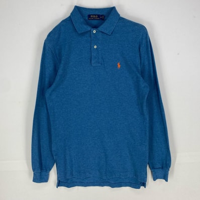 古着 ポロ・ラルフローレン POLO RALPH LAUREN 鹿の子 長袖シャツ ワンポイント ポロシャツ ロゴ刺繍 S ブルー系 メンズ