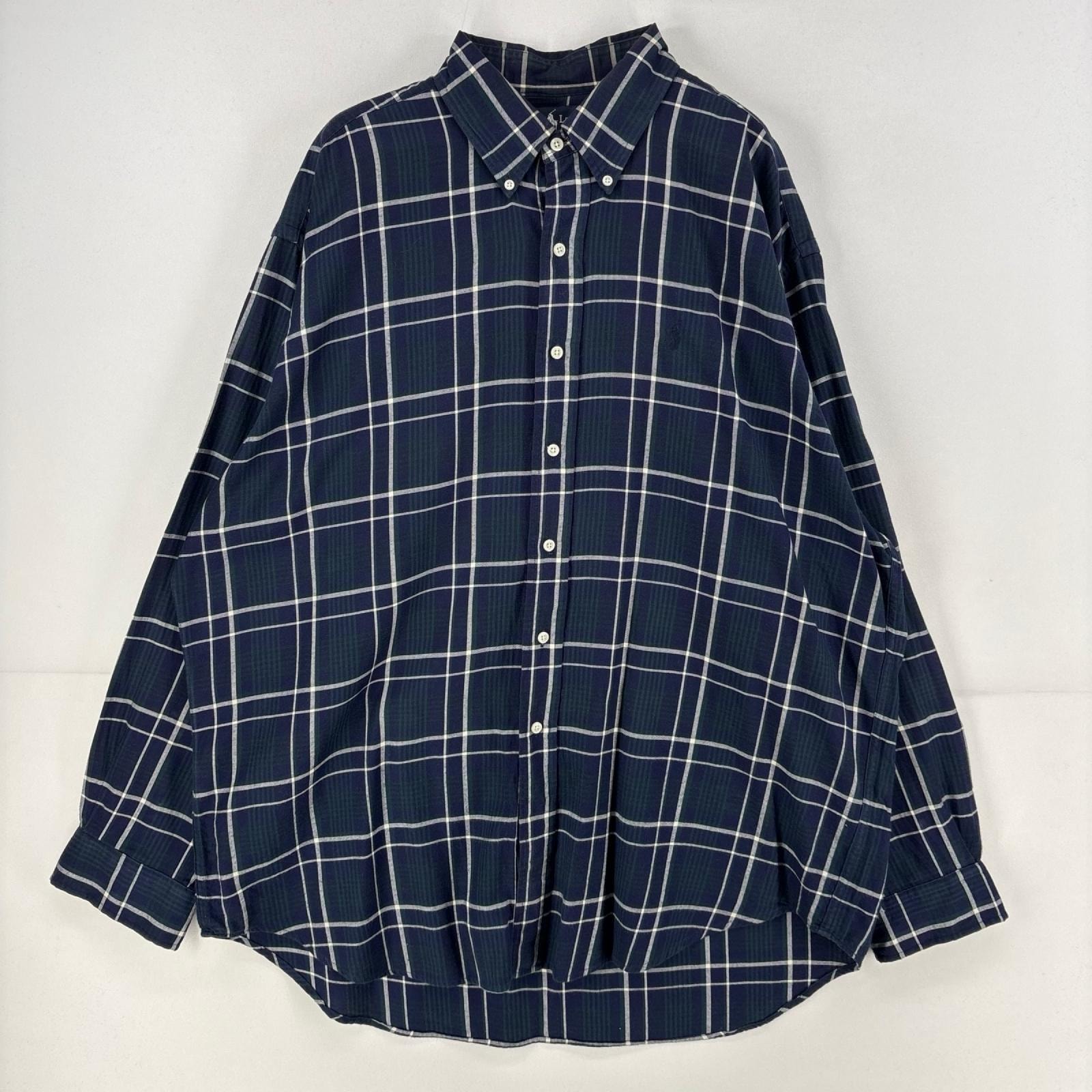 古着 ポロ・ラルフローレン POLO RALPH LAUREN 長袖シャツ BLAIRE 大きいサイズ ワンポイント ロゴ 刺繍 XL  ネイビー系 チェック メンズ