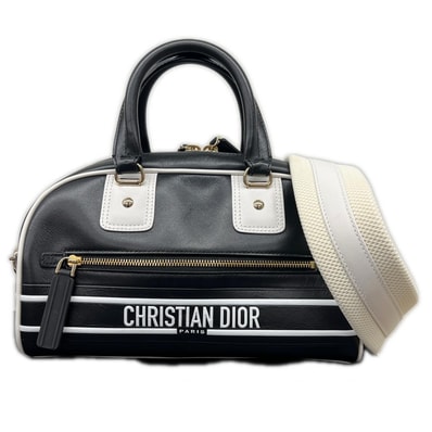 Christian Dior 極美品 VIBE ヴァイブ スモール ボウリングバッグ 2way ハンドバッグ ショルダーバッグ レザー ブラック ホワイト ロゴ クロスボディ CD クリスチャン Aランク 鑑定済 中古