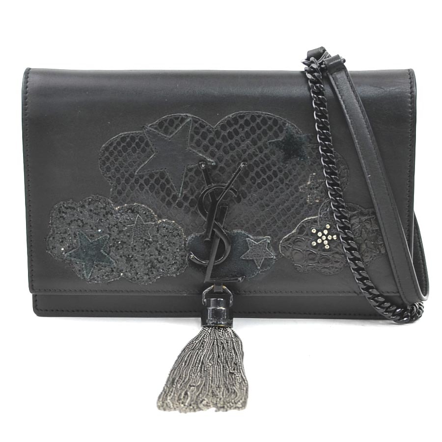 サンローラン SAINT LAURENT ウォレットチェーン 斜め掛けショルダーバッグ レザー/メタル ブラック レディース【中古】 e60535a