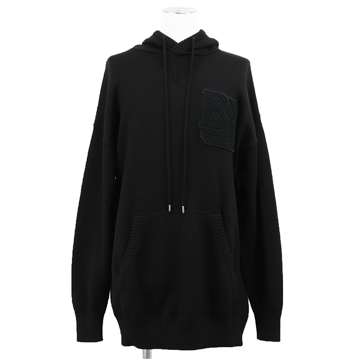【美品】BURBERRY LONDON バーバリーロンドン ニット パーカー BURLTON Hoodie バールトン フーディー サイズ S メンズ ロゴ エンブロイダリー 刺繍 オーバーサイズ ロングスリーブ トップス ブラック 黒 イタリア製