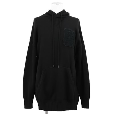 【美品】BURBERRY LONDON バーバリーロンドン ニット パーカー BURLTON Hoodie バールトン フーディー サイズ S メンズ ロゴ エンブロイダリー 刺繍 オーバーサイズ ロングスリーブ トップス ブラック 黒 イタリア製