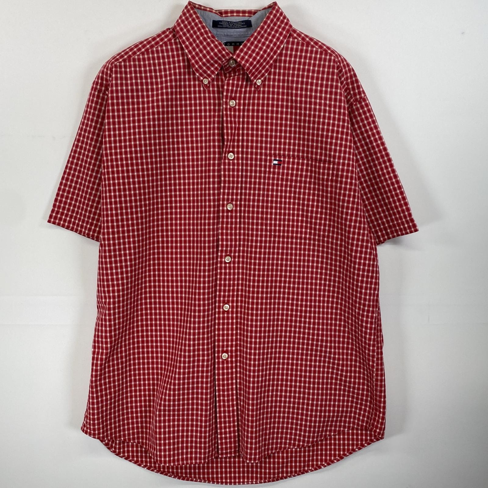 古着 トミーヒルフィガー TOMMY HILFIGER 半袖シャツ ボタンダウン ワンポイントロゴ刺繍 胸ポケ L  レッド系 チェック メンズ