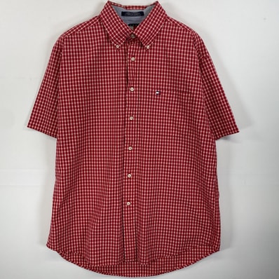 古着 トミーヒルフィガー TOMMY HILFIGER 半袖シャツ ボタンダウン ワンポイントロゴ刺繍 胸ポケ L レッド系 チェック メンズ